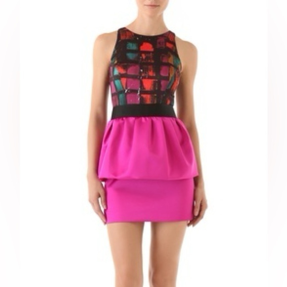 Milly Graffiti Plaid Silk Peplum Mini Party Dress Fuchsia Pink Sz 6